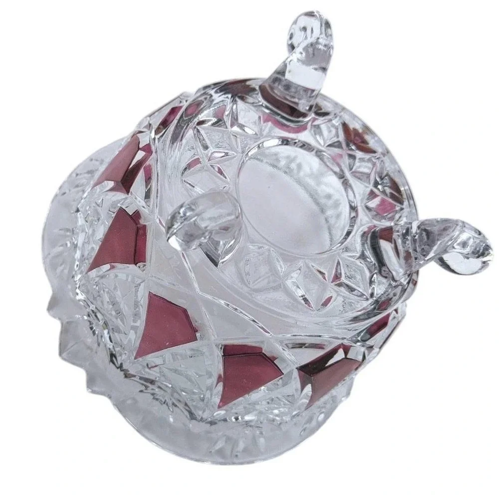 Vintage Cranberry Stained Clear Glass Three Footed Bowl Scalloped‎ Starburst Rim